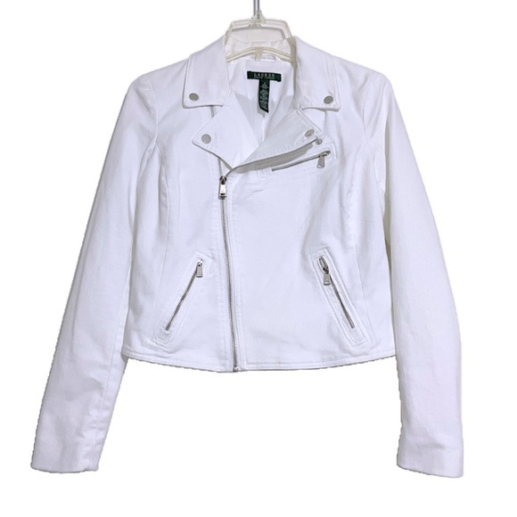 Lauren Ralph Lauren White Cropped Denim Moto Jacket - Picture 2 of 11
